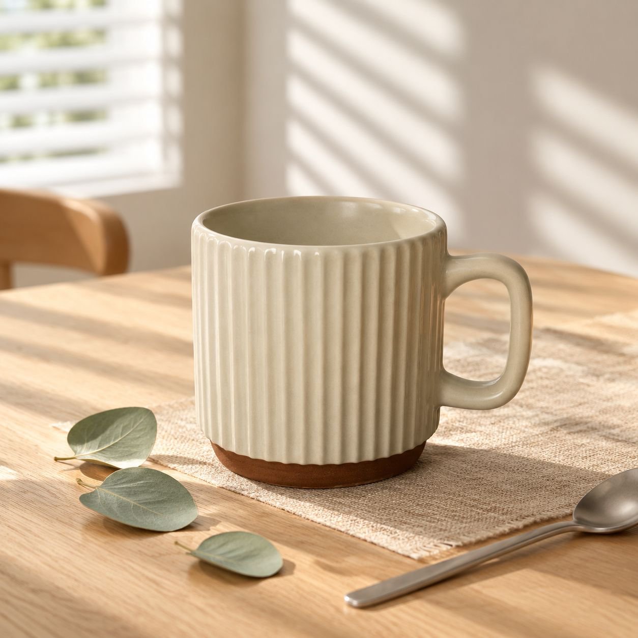 Retro Beige Vertical Stripe Stacking Mug - Creative Ceramic Coffee Cup