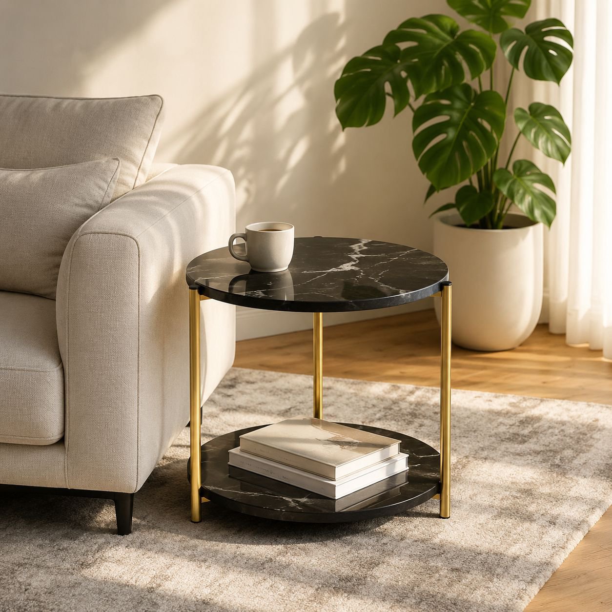 Sofá minimalista, mesa de centro para sala de estar