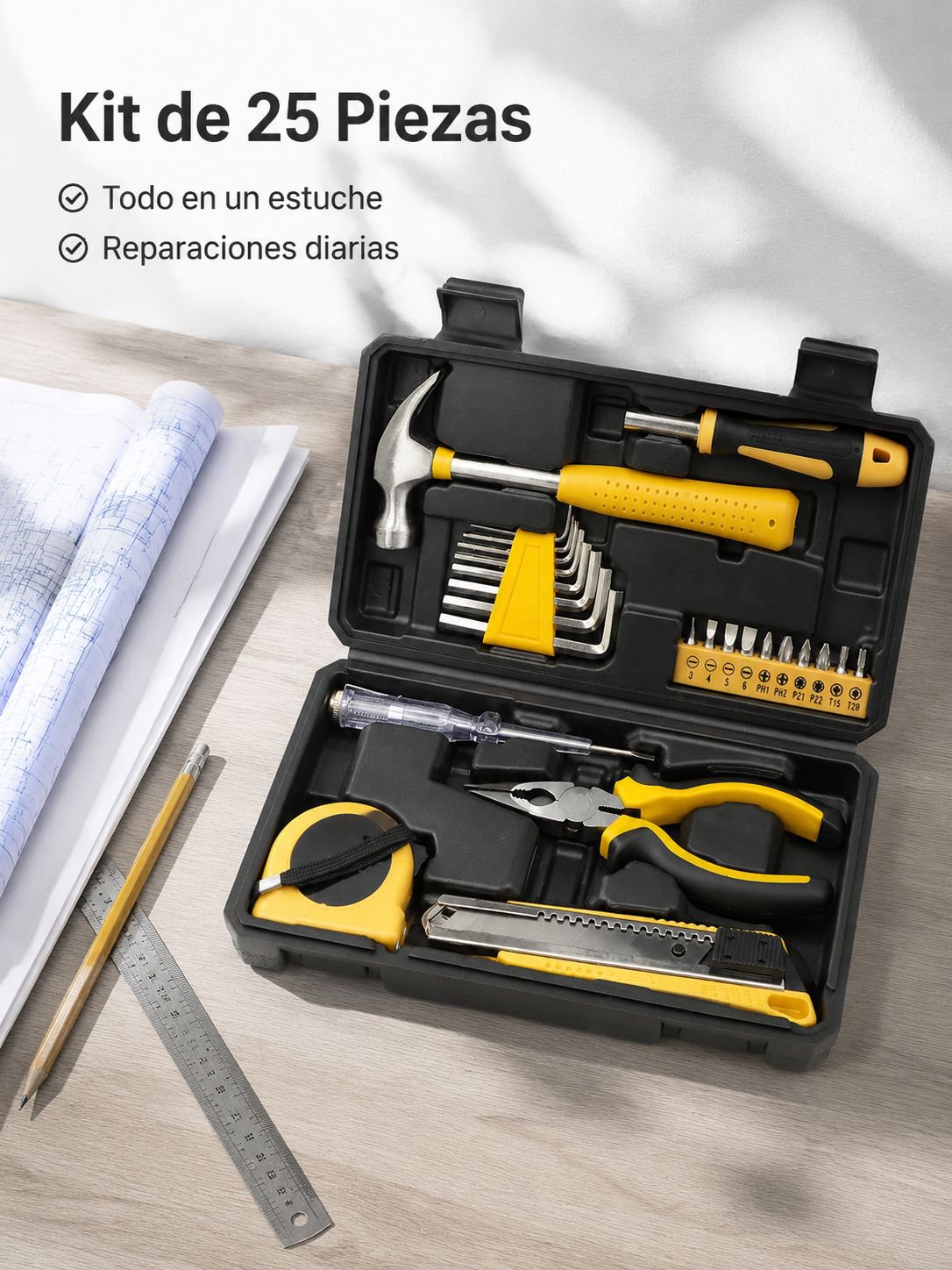 Caja de herramientas domésticas Ruide, 25 piezas, apta para el mantenimiento diario del hogar