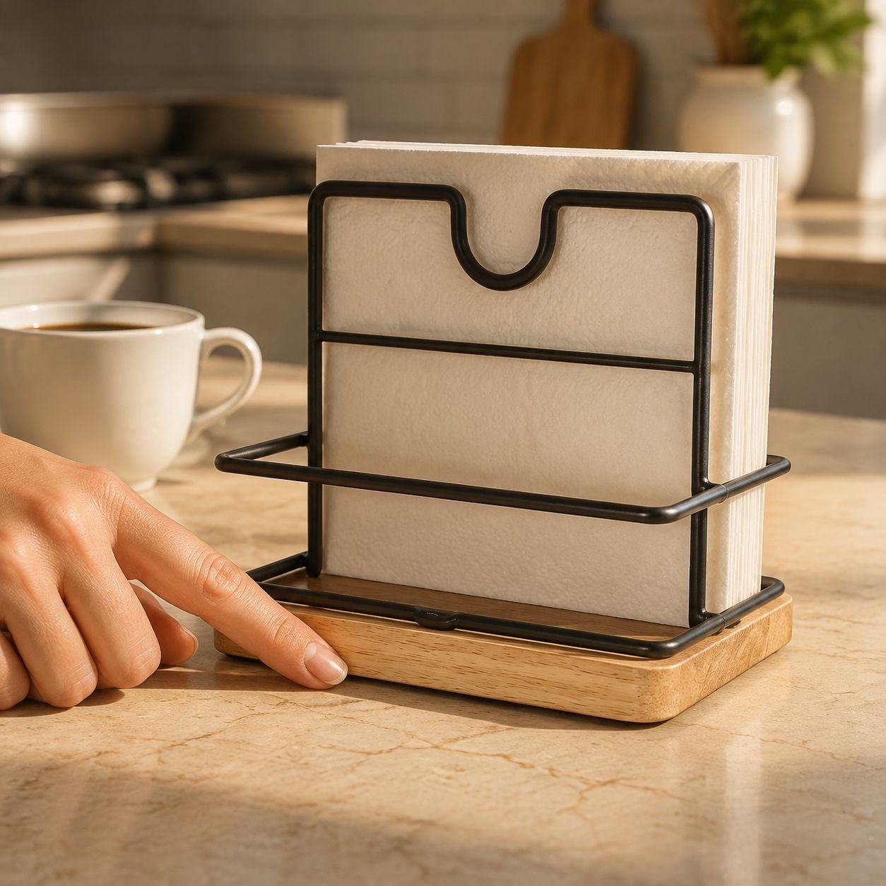 Organizador de madera con papel de cocina y frascos de condimentos
