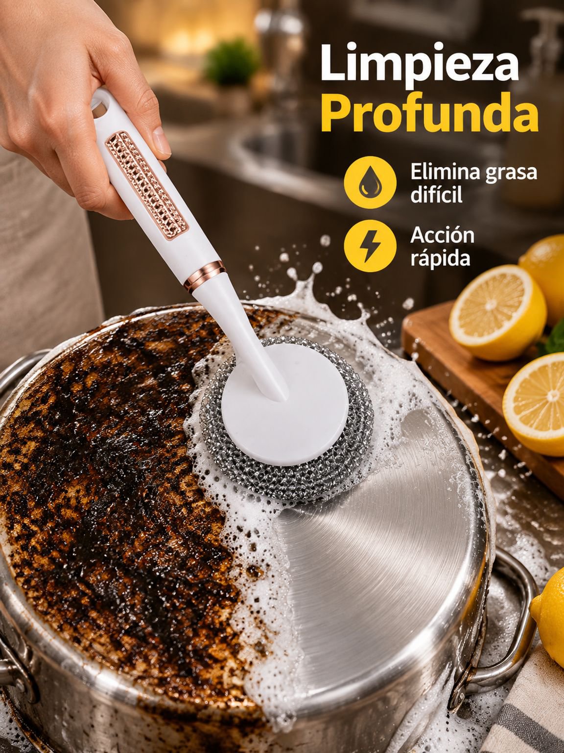 Cepillo de cocina de mango largo para limpiar ollas
