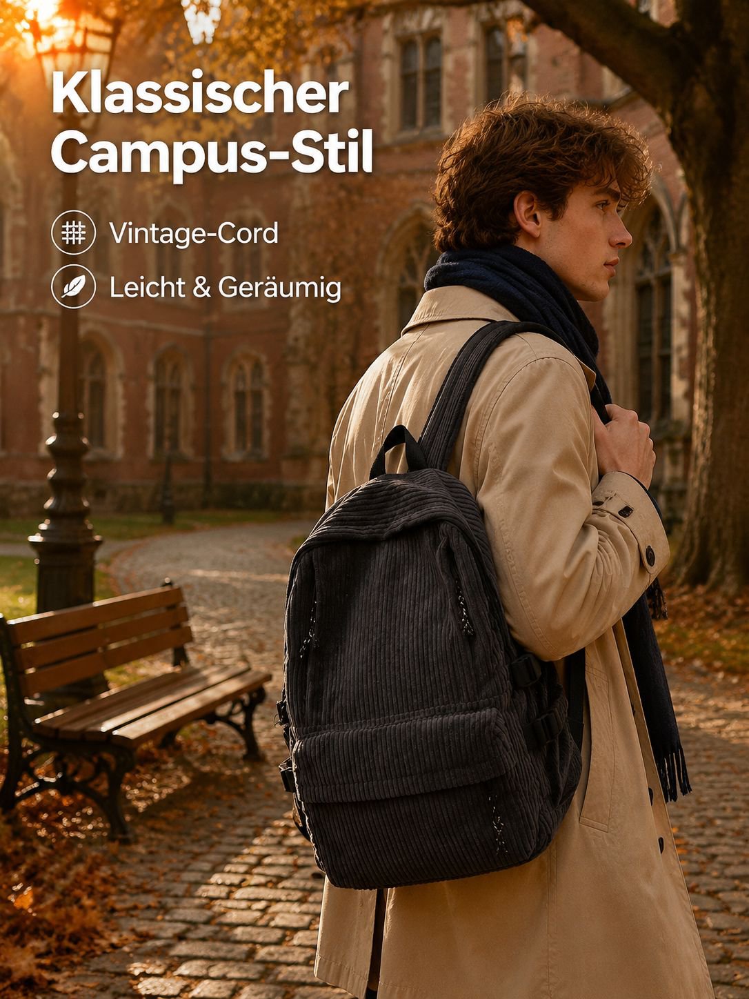 Leichter Cord-Rucksack im Preppy-Style mit großem Fassungsvermögen