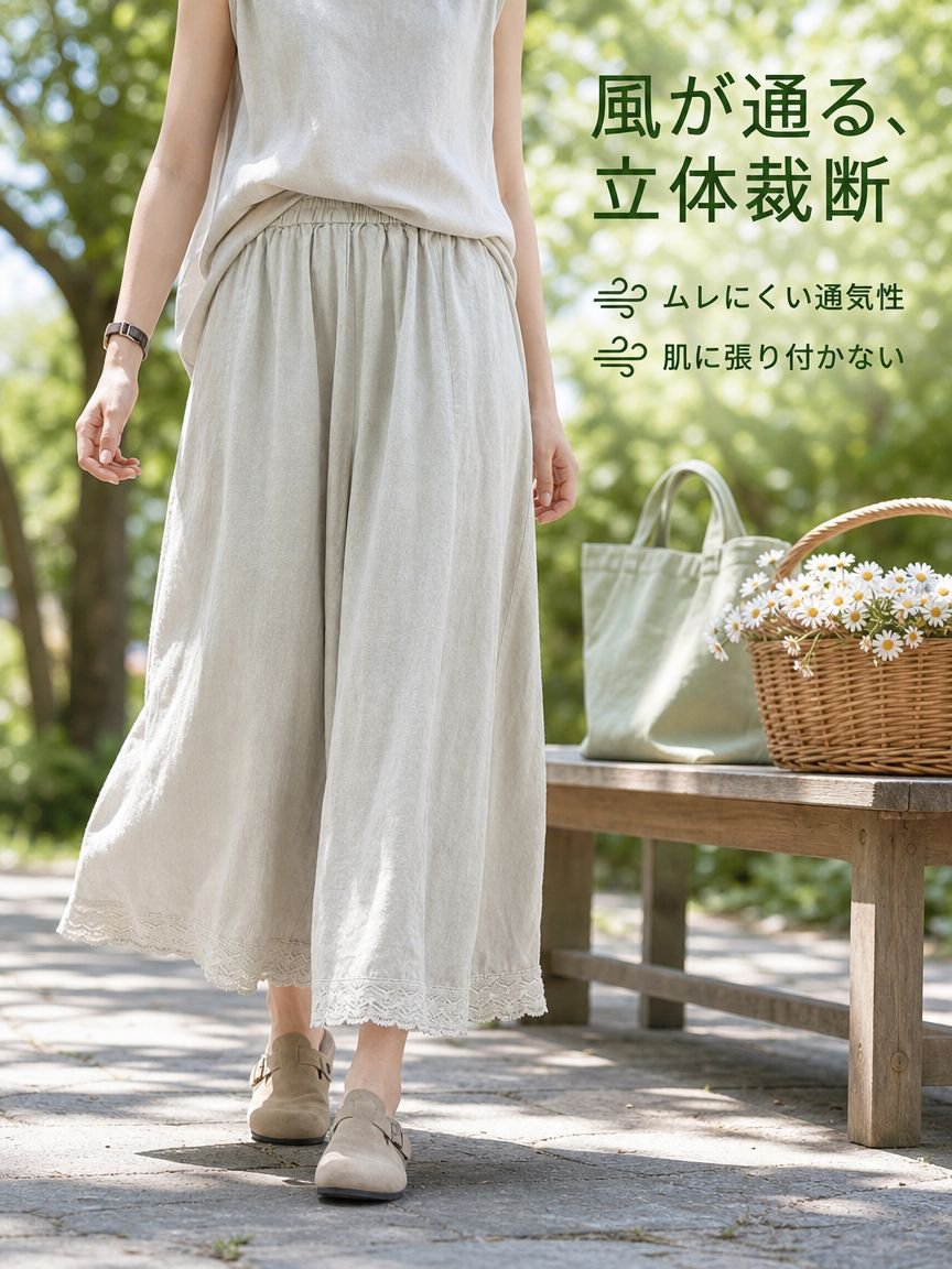 夏用綿麻ゆったりストレートワイドパンツ女性用