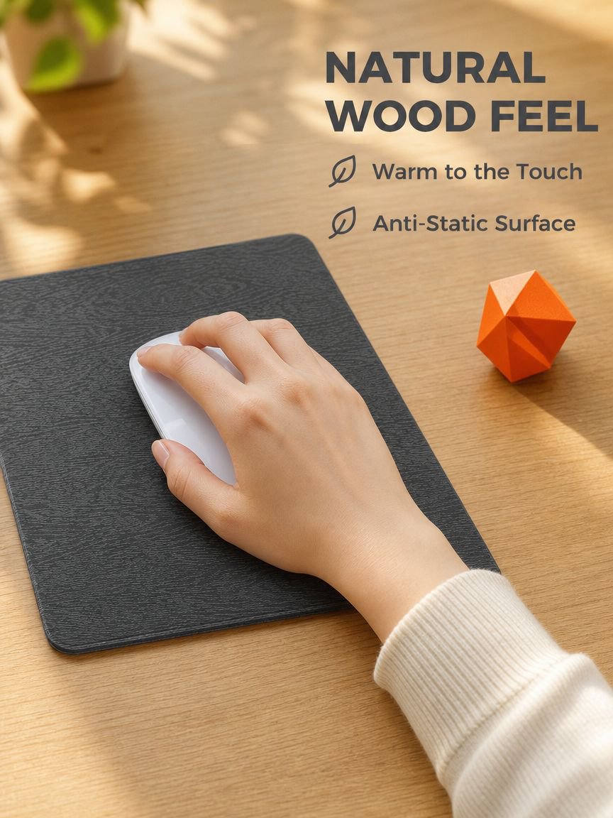 Stain-resistant wood grain mouse pad close up