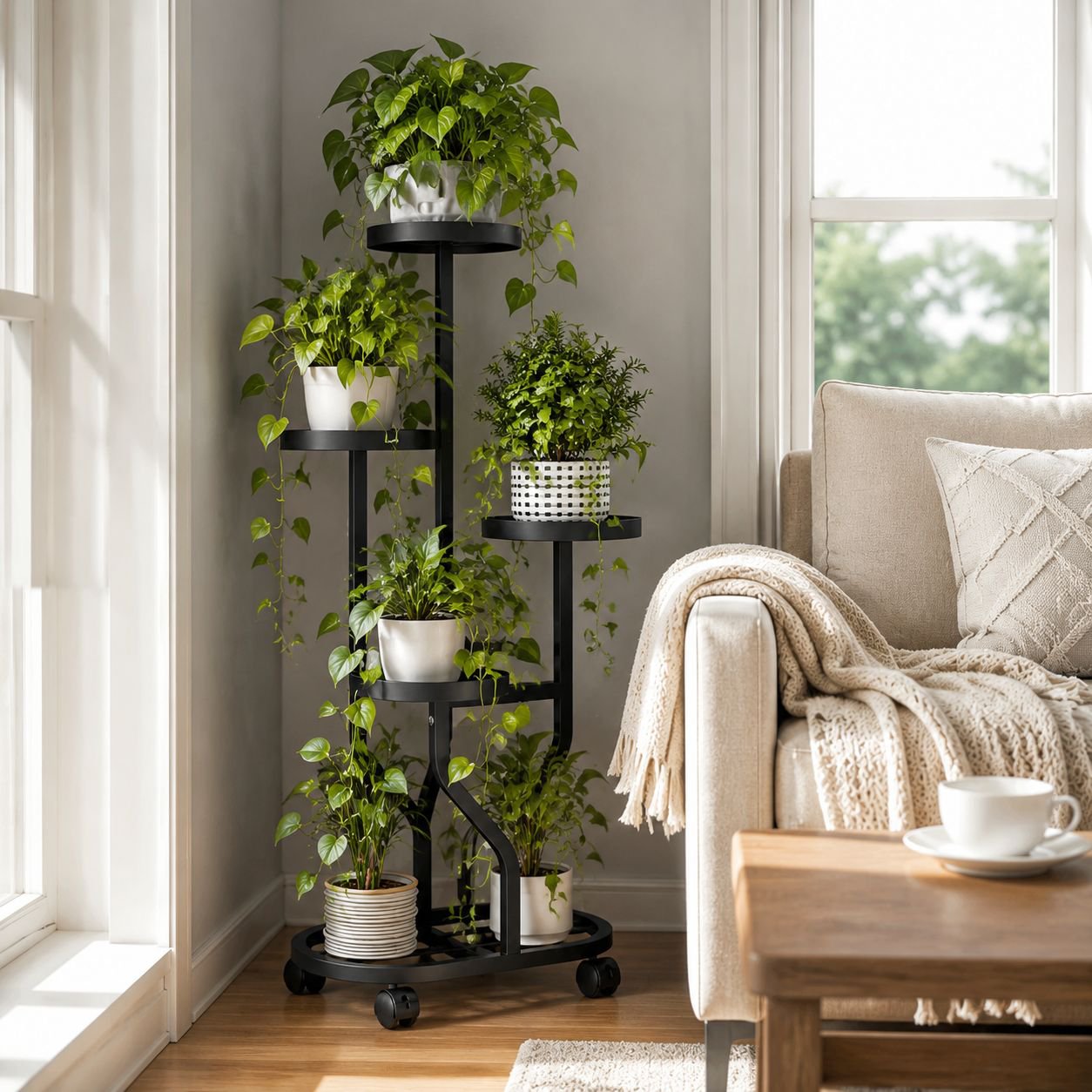 Modern rolling plant stand for indoor foliage display