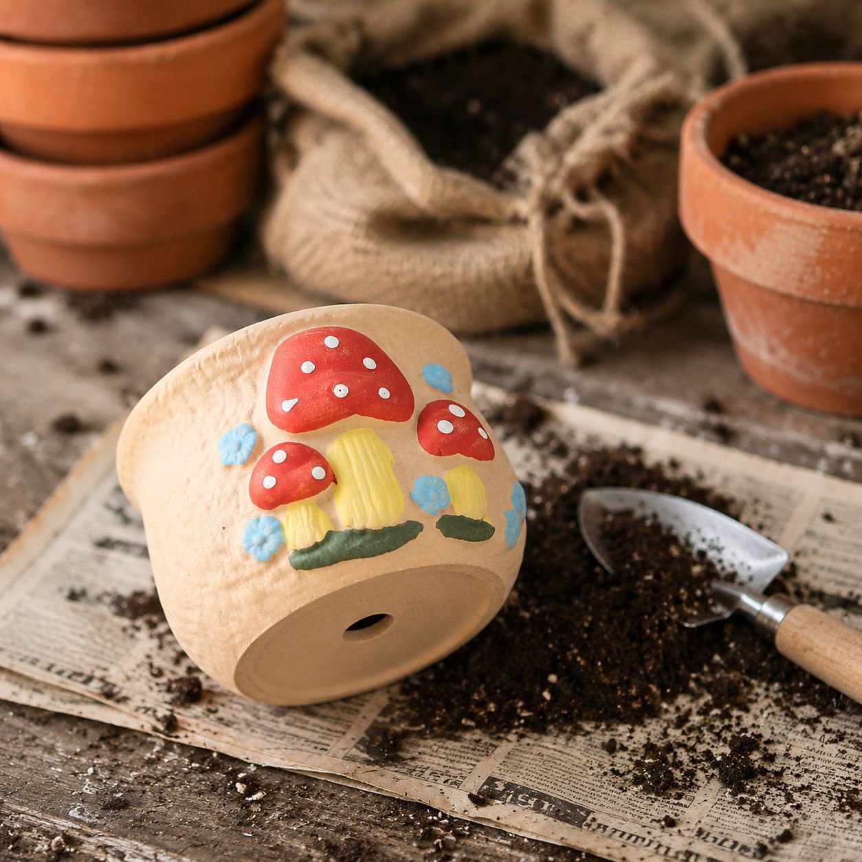 Oval ceramic plant pot featuring whimsical mushroom decor