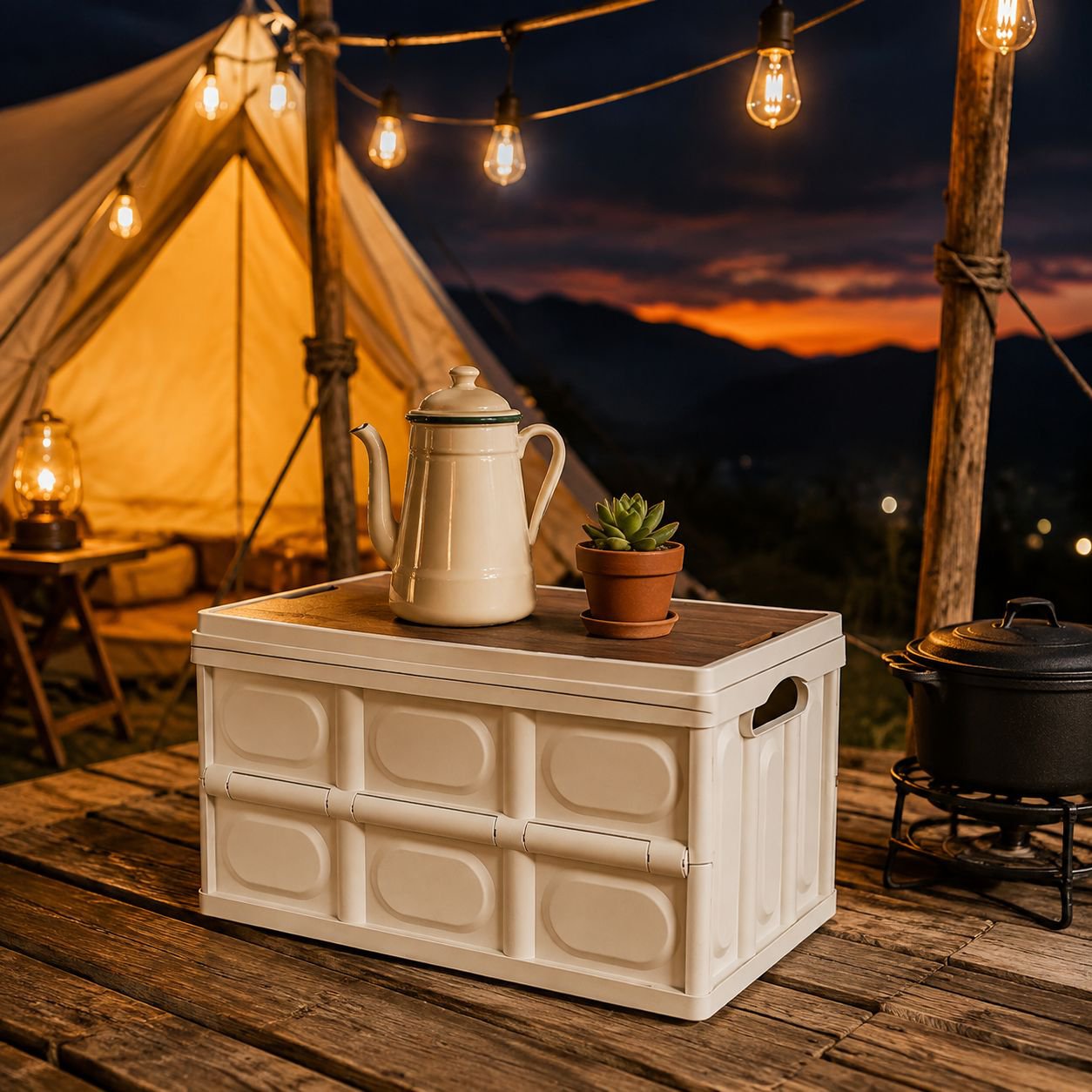 Modern portable storage box with wooden lid for small spaces
