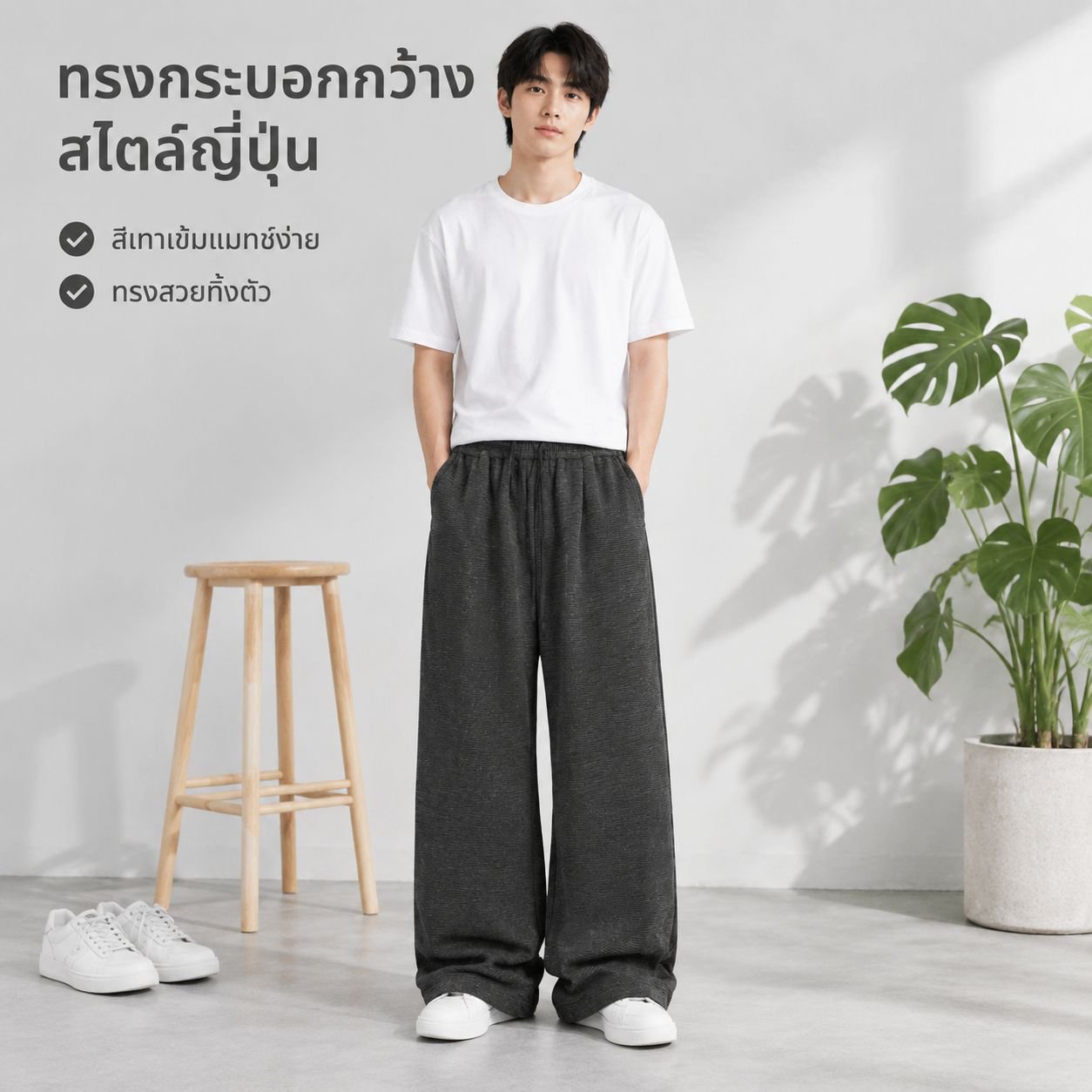 กางเกงขายาวผู้ชายผ้าบางลายทางสไตล์ญี่ปุ่น สำหรับฤดูใบไม้ร่วง