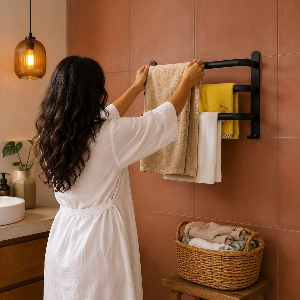 Toallero y estante de baño sin necesidad de perforar, almacenamiento integrado