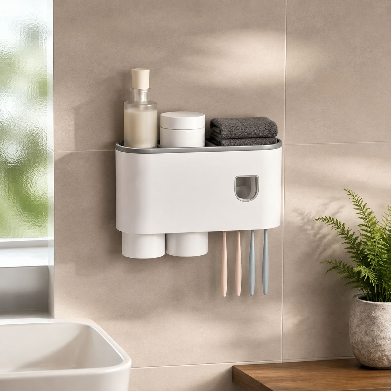 Wall-mounted Toothpaste Squeezer with Magnetic Mouthwash Cup Storage Rack