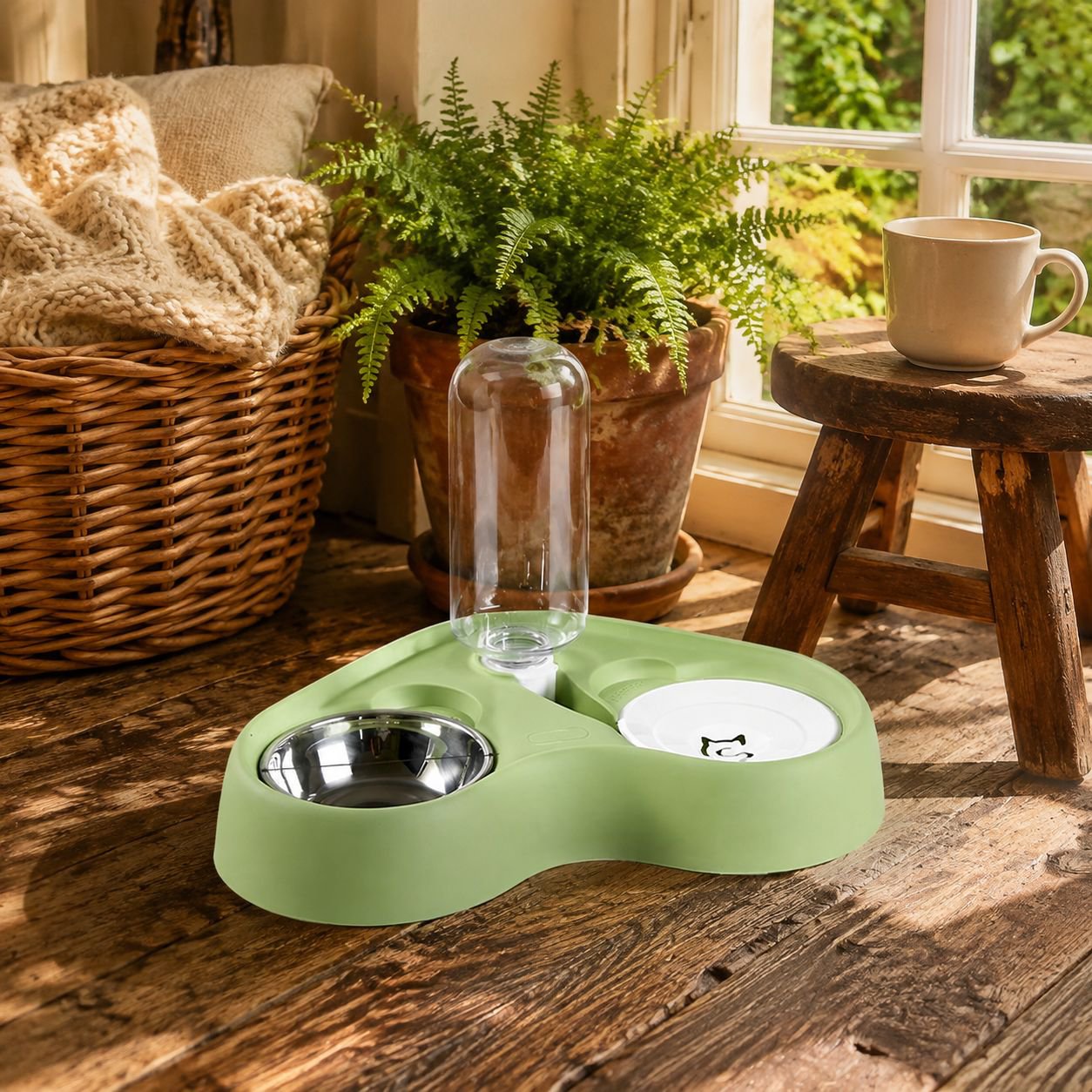 Cat feeder and water bowl, 2-in-1 pet food and water bowl, pet supplies.