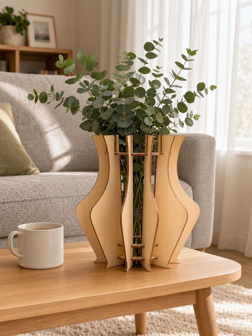 Wooden puzzle flower vase holder with fresh bouquet