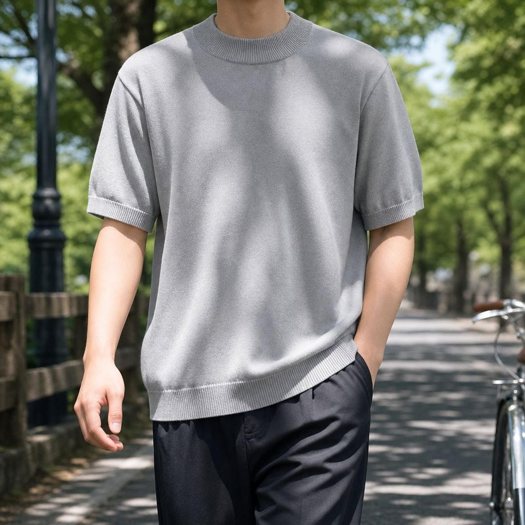 メンズ七分袖ひんやりニットTシャツ正面画像