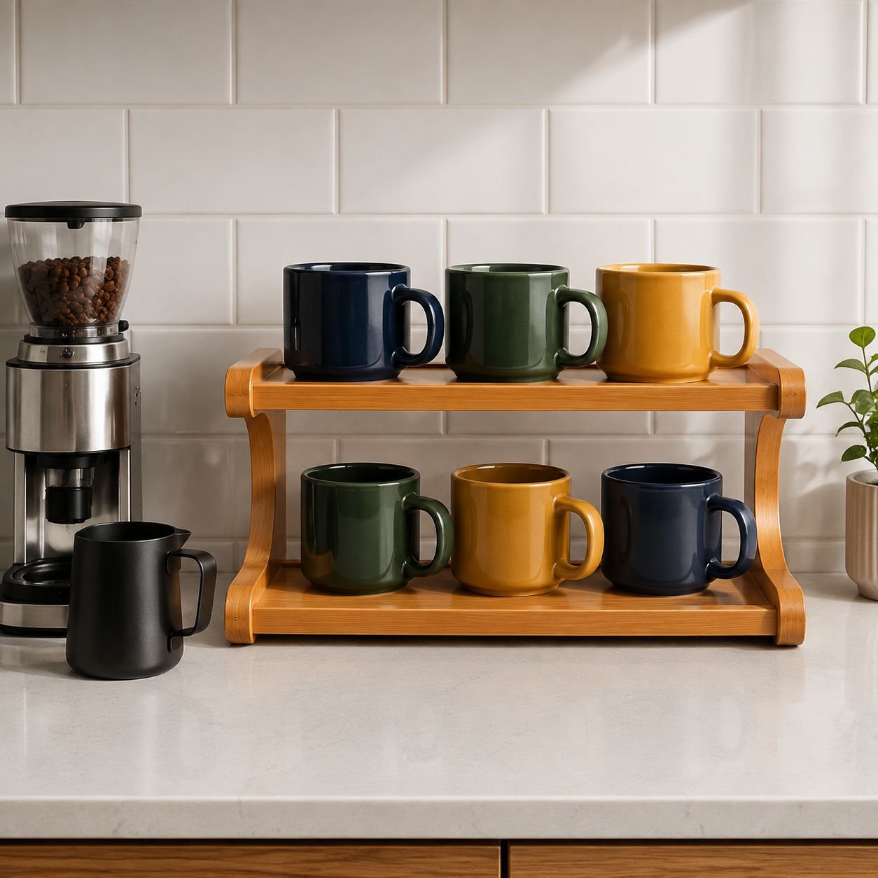 Dining table with cup rack holding tea set