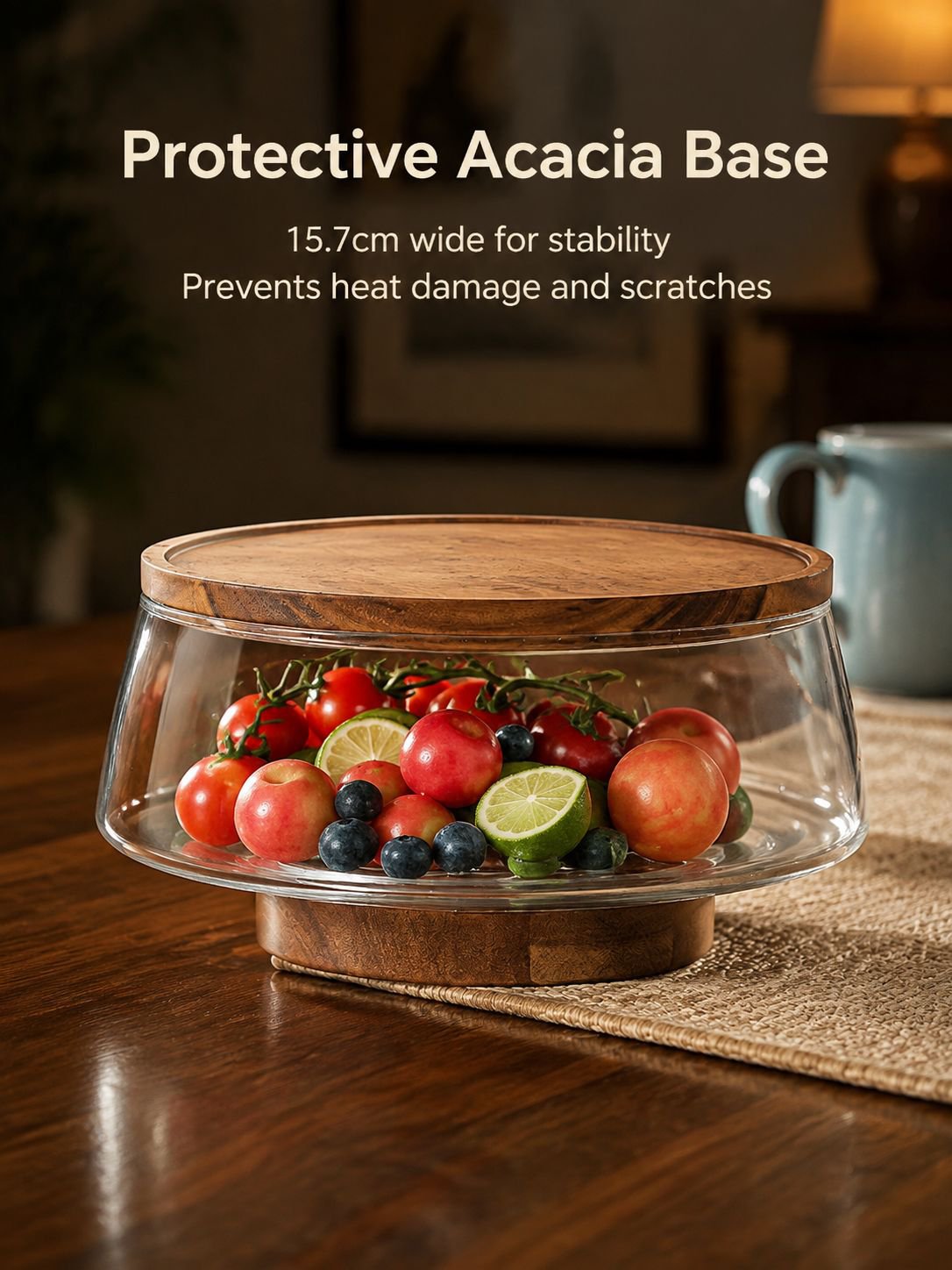 Modern tableware set featuring glass plate and wooden lid