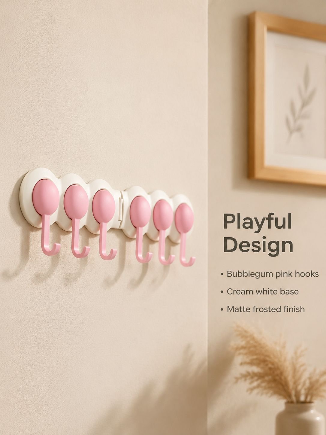 Decorative row of cream hooks in a bedroom corner
