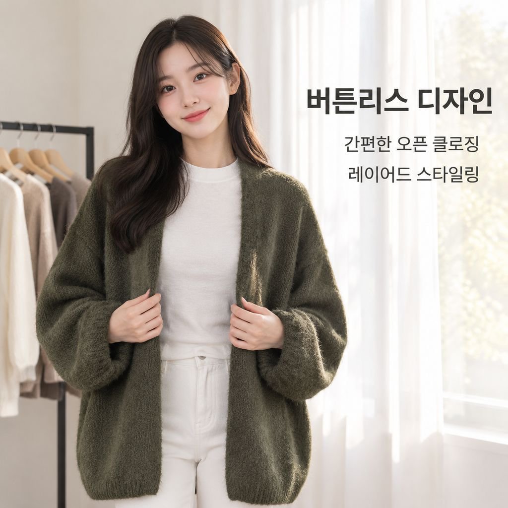 여성용 오픈 프론트 V넥 랜턴 슬리브 루즈핏 니트 가디건