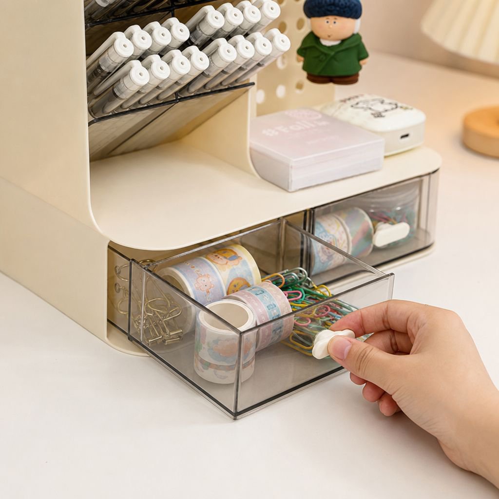 Caja de almacenamiento con soporte para bolígrafos inclinado, tablero con agujeros multifuncional cr