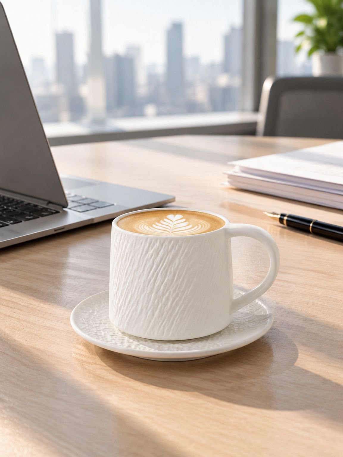 Coffee cup and saucer set displayed on a dining table