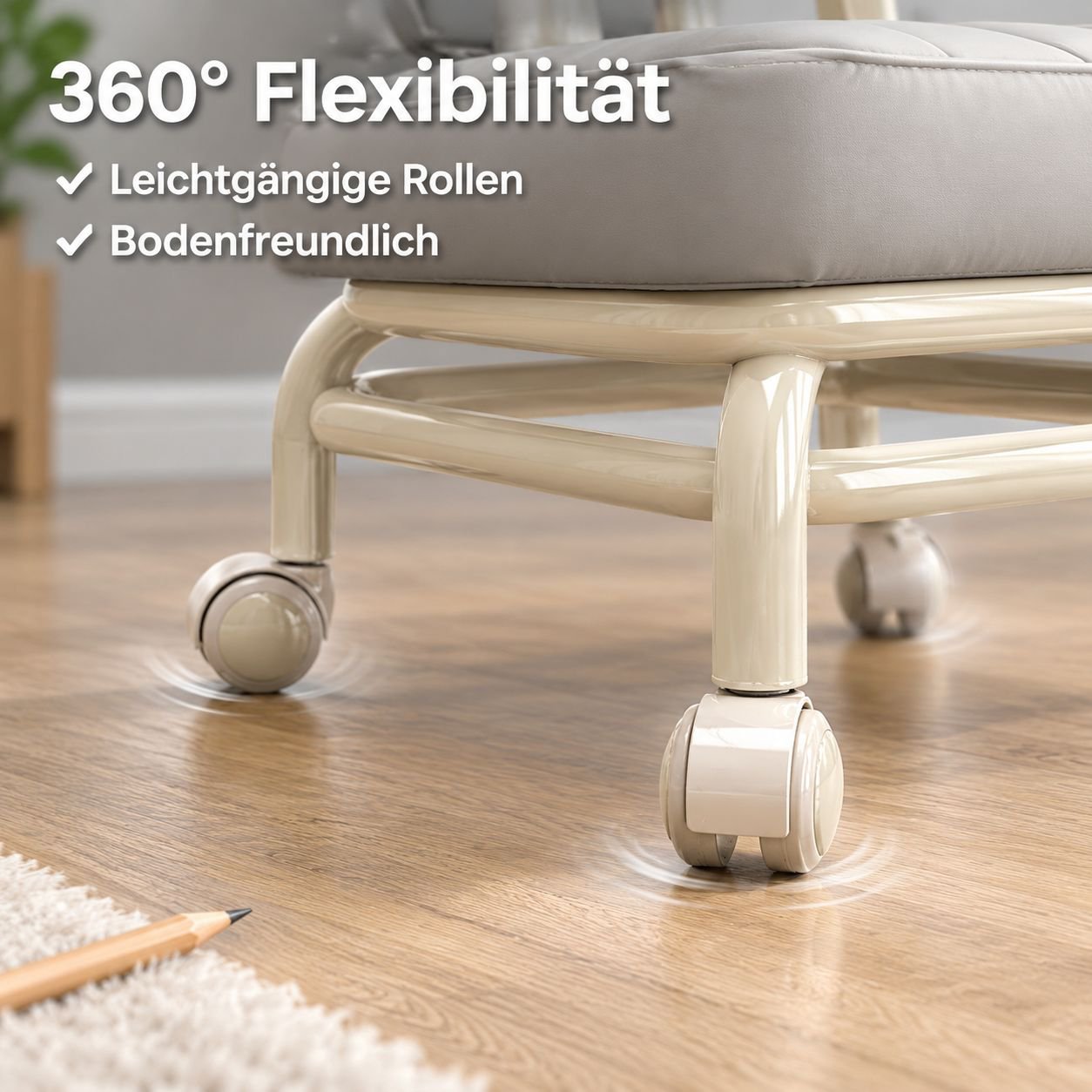 Bequemer Hocker mit Rückenlehne, weicher Polsterung und Rollen