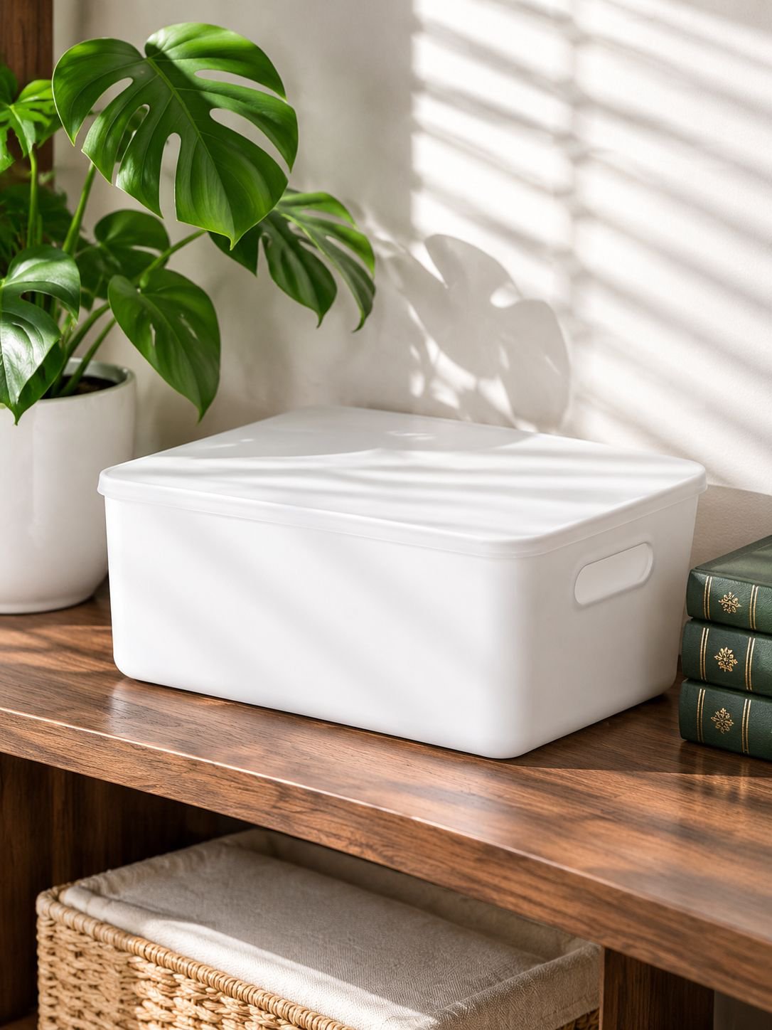 Stackable storage containers organizing clothes and snacks
