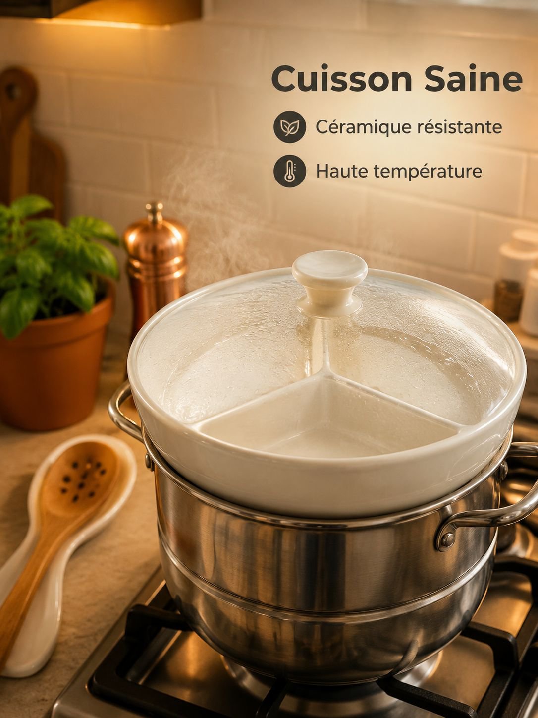 Plat à vapeur en céramique à trois sections, design épuré pour la maison