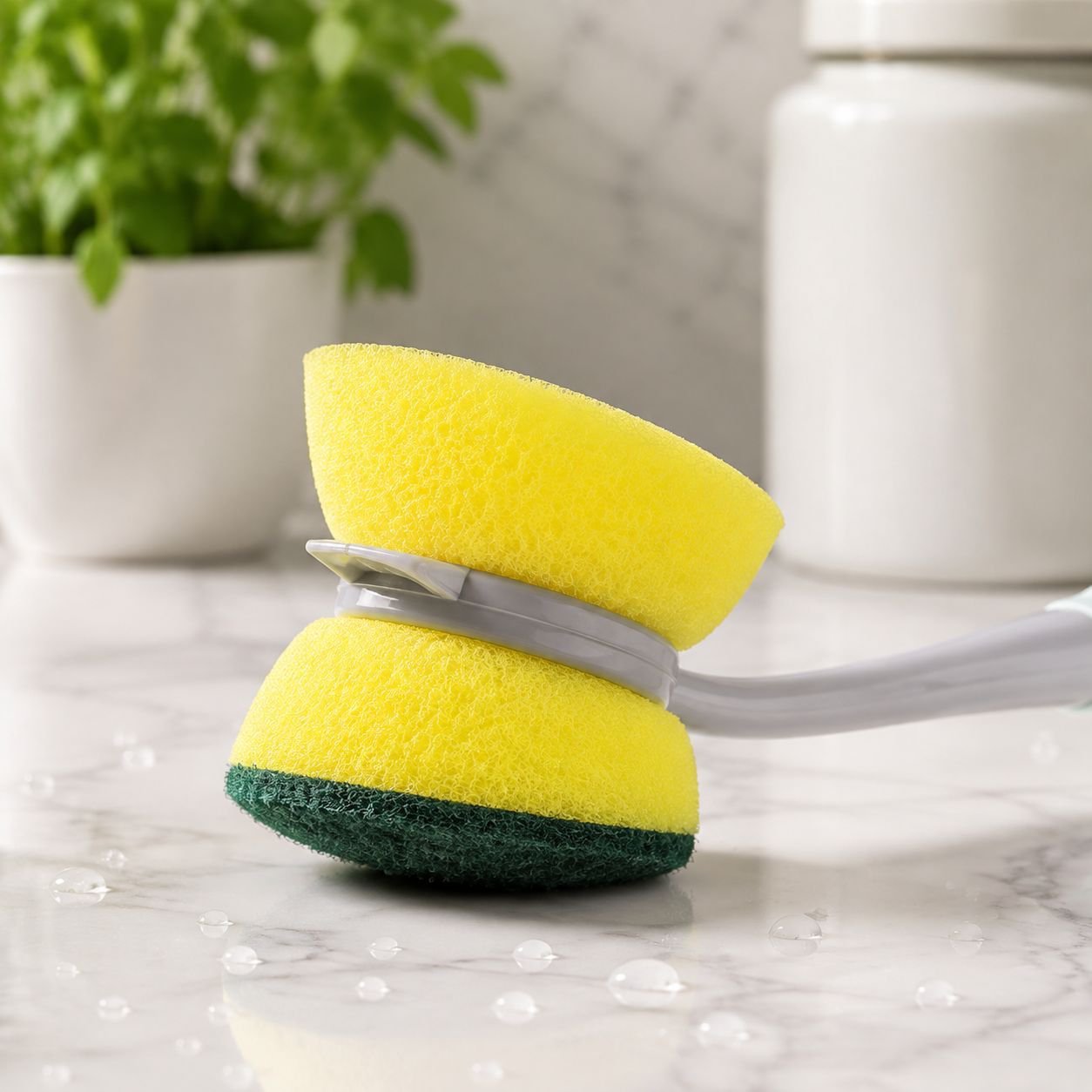 Sponge pot brush reaching deep into large saucepan