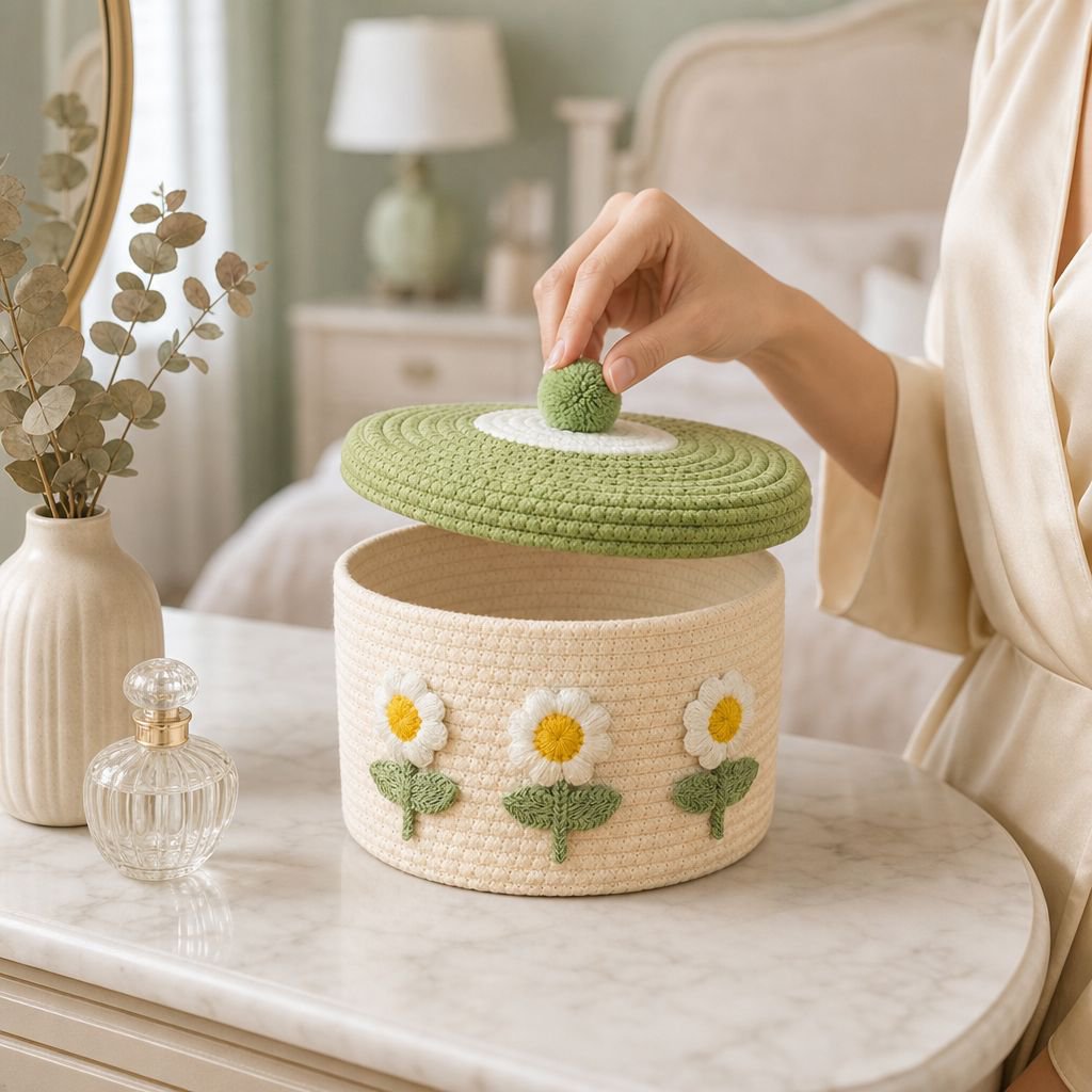 Panier tressé en coton placé dans une chambre pour le rangement des vêtements