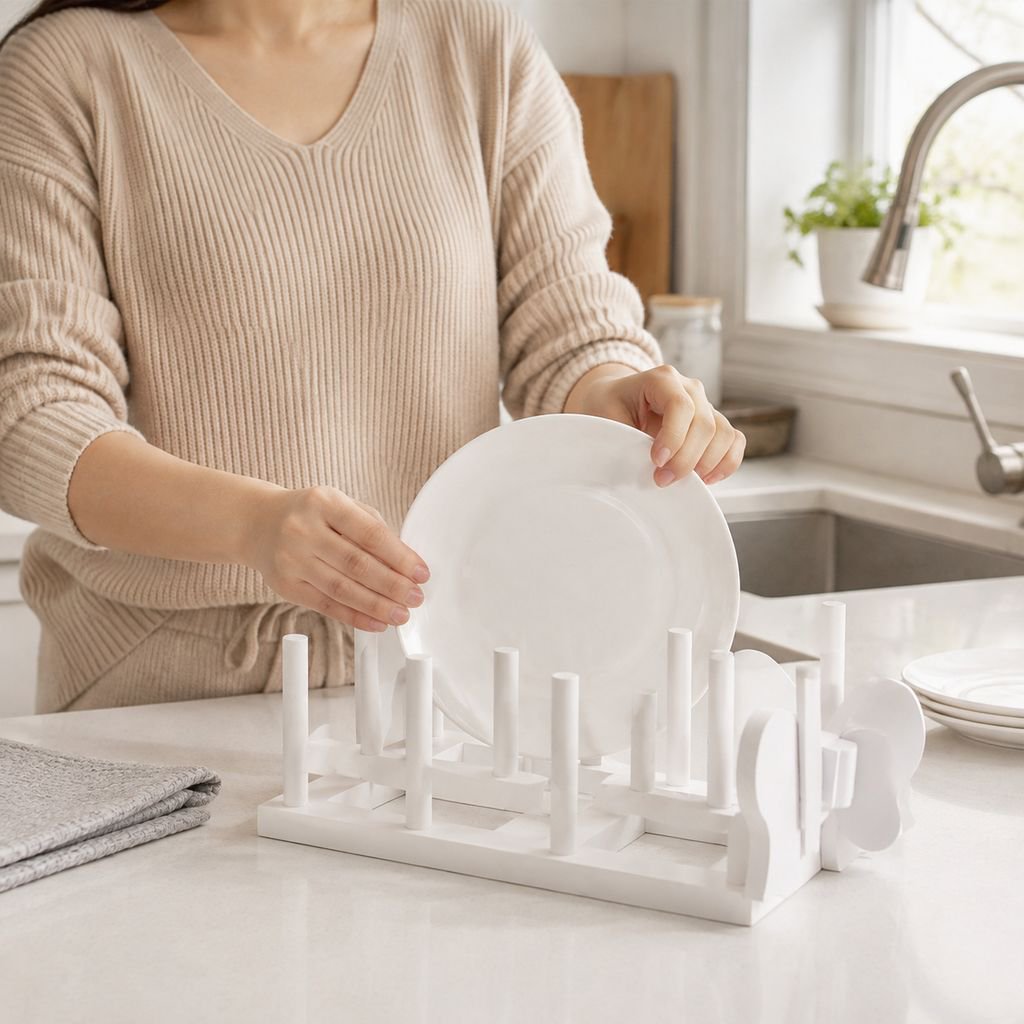 Wooden draining rack displaying dinnerware