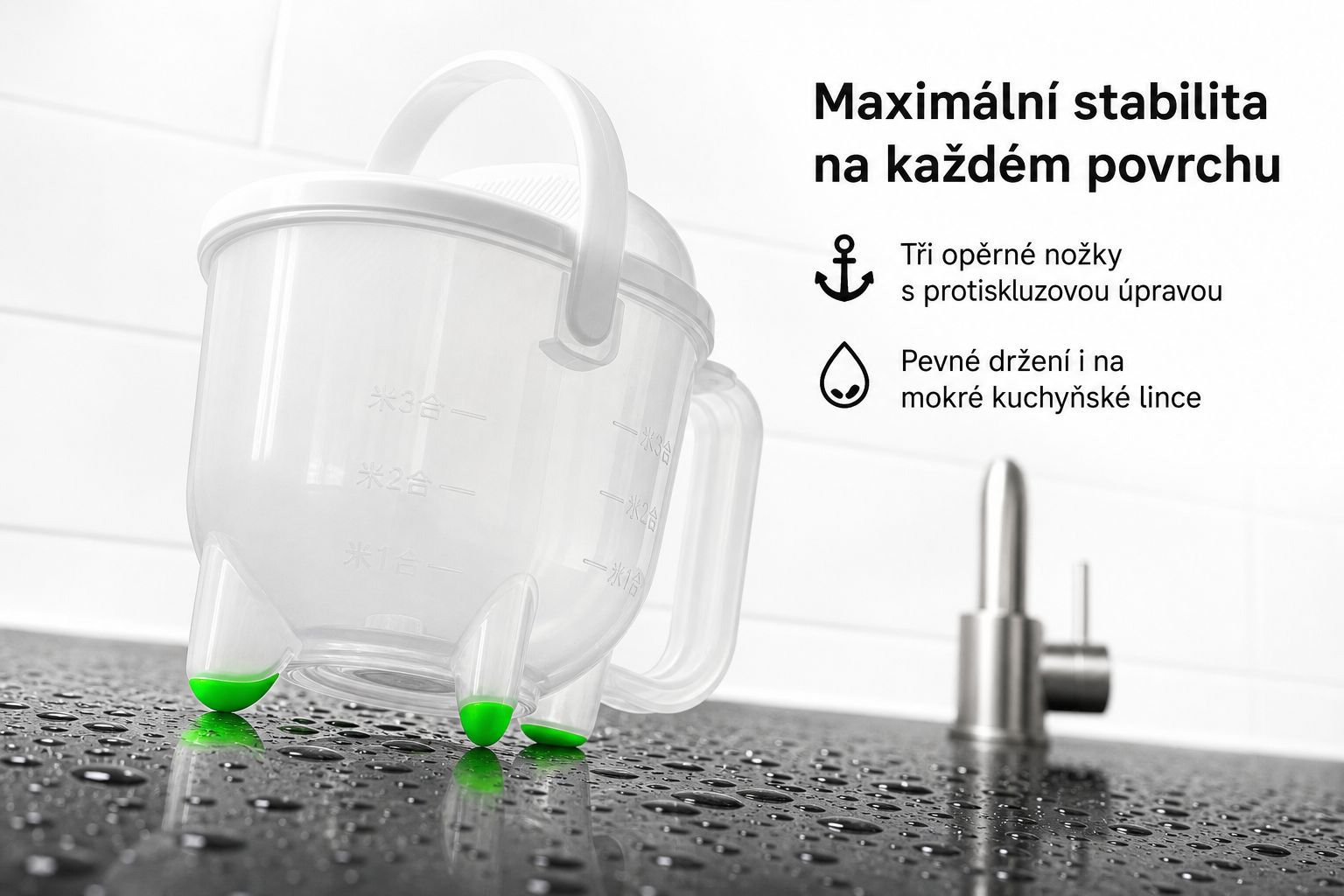 Oplachovač rýže s rukojetí a odtokem vody