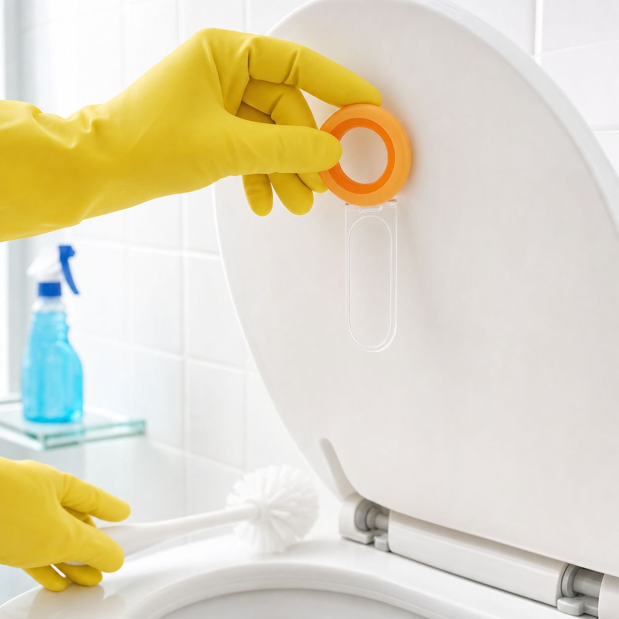 Peel and stick toilet seat lifter installation