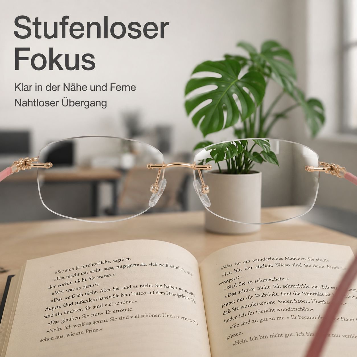 Rahmenlose Lesebrille mit Blaulichtfilter und intelligenter Zoomfunktion für Nah- und Fernsicht