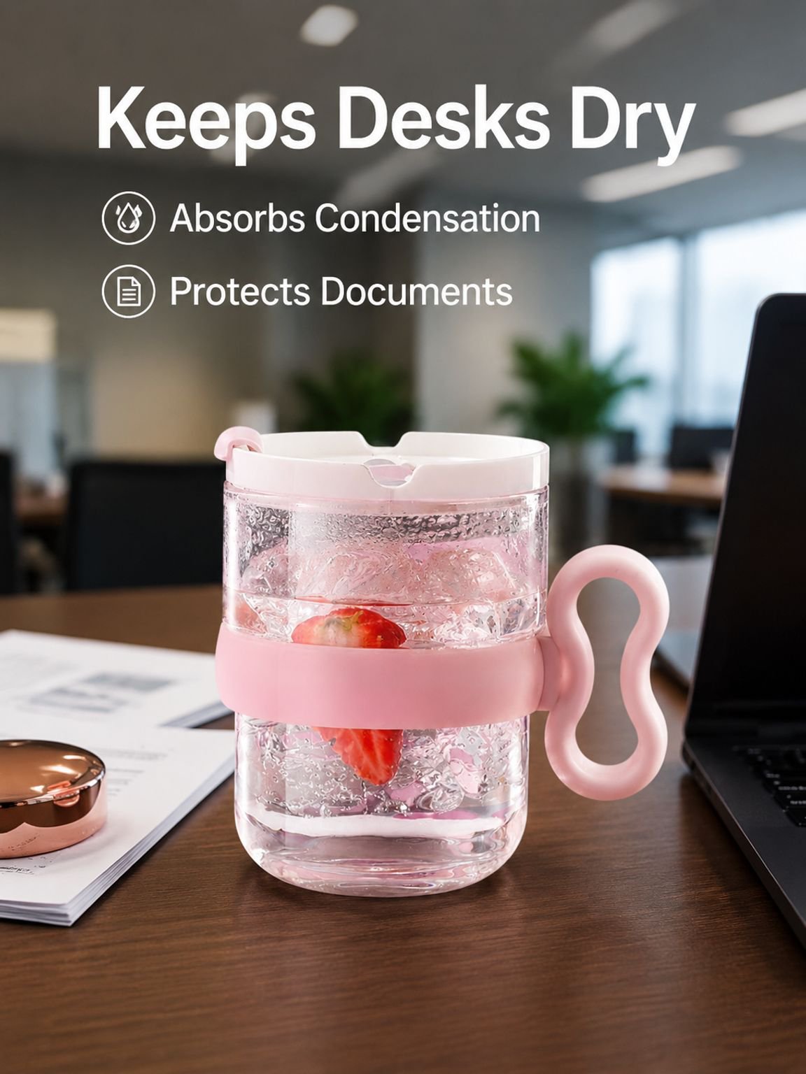 Clear glass cup with handle and lid