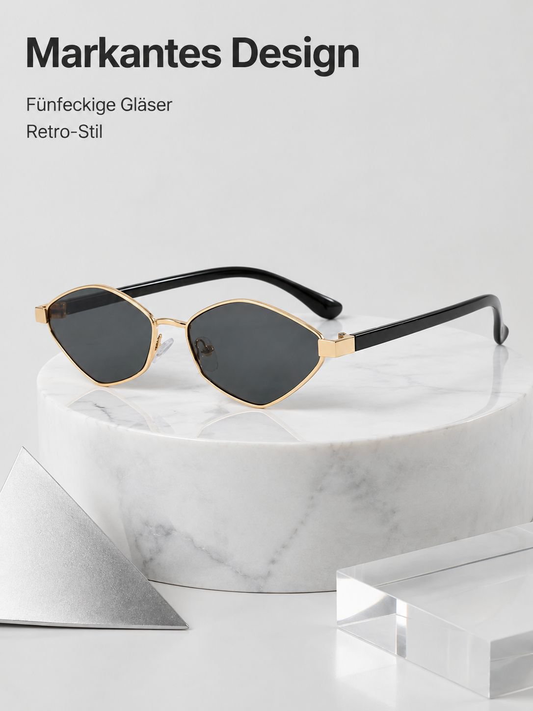 Neue Sonnenbrillenmodelle mit dünner Fassung in diamantförmigem, unregelmäßigem Design