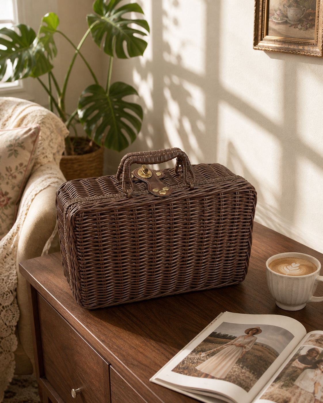 Vintage-inspired rattan suitcase storage basket
