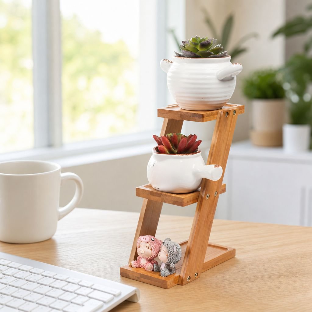 Mini Bamboo Flower Stand with potted plant on desktop