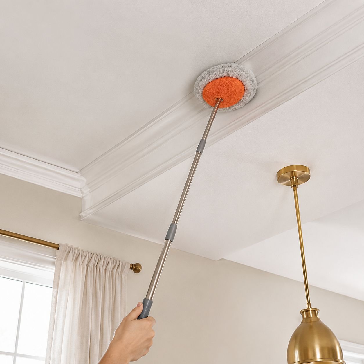 Mopa plana recogiendo polvo debajo de muebles