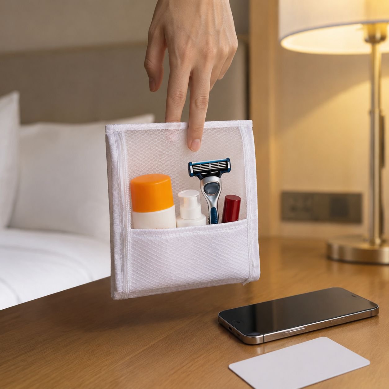 Bag with toiletries and cosmetics inside