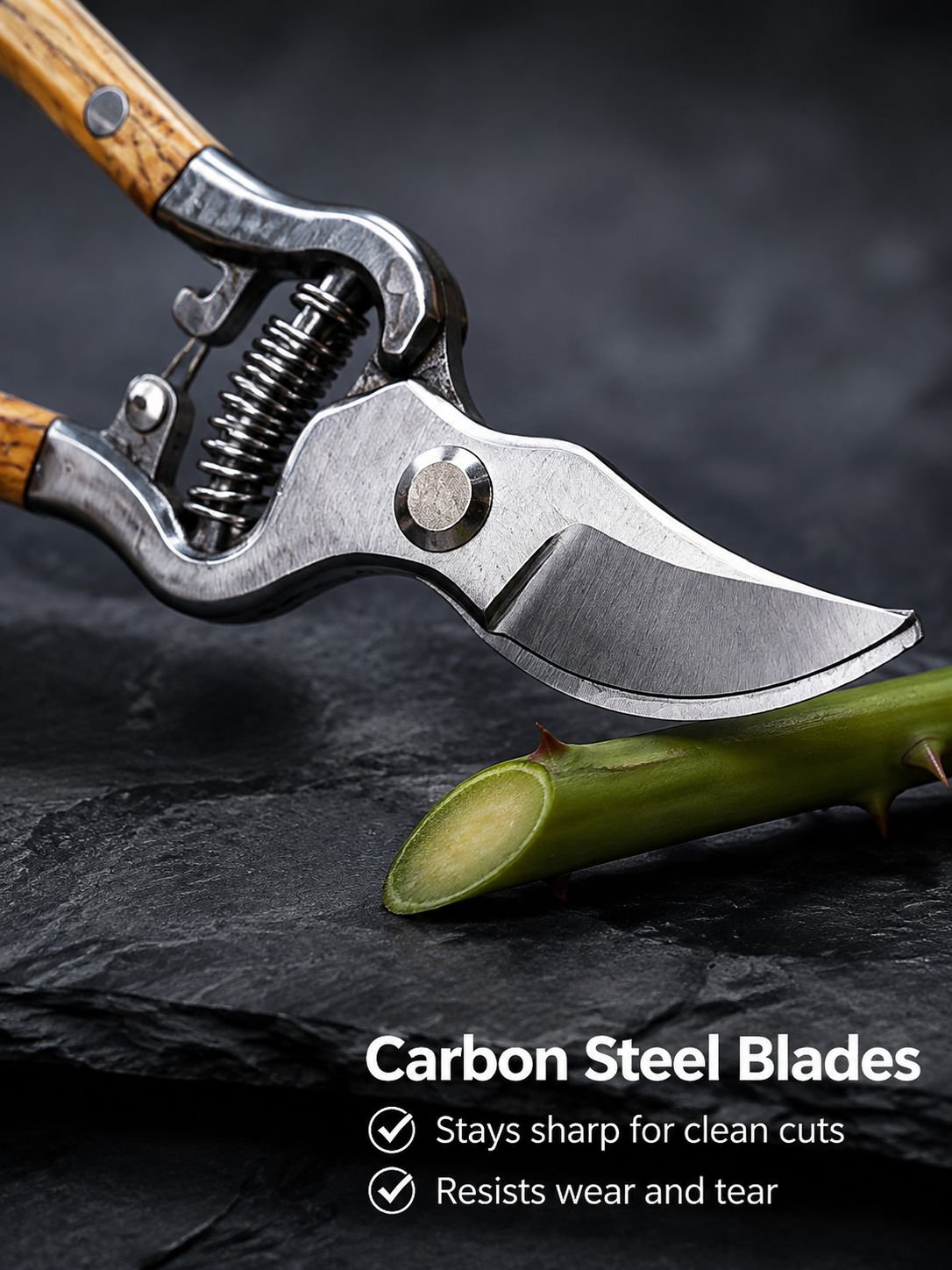 Close-up of carbon steel blades on pruning shears