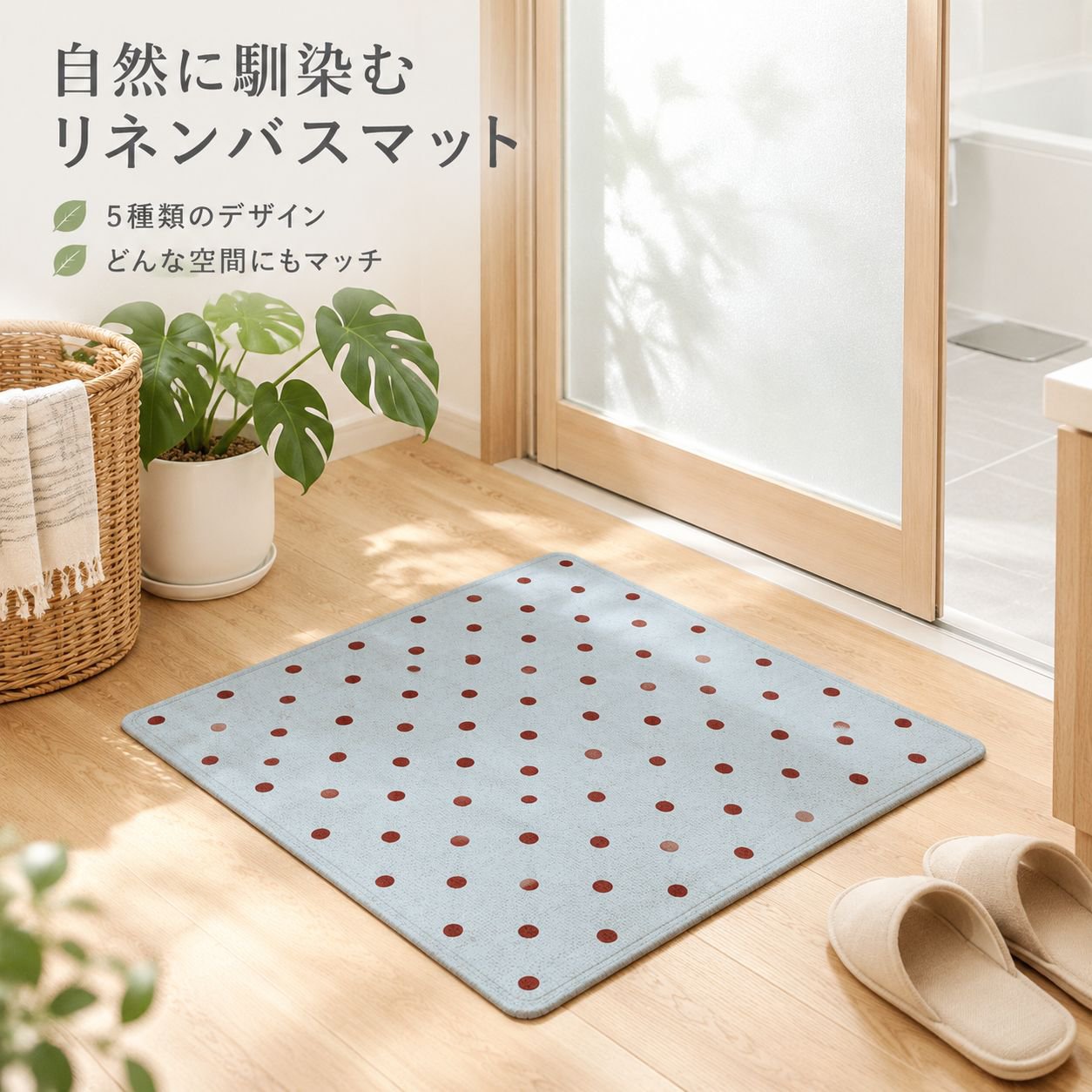 キュートなドット柄バスルーム用吸水マット リネン素材 耐汚れ速乾フロアマット