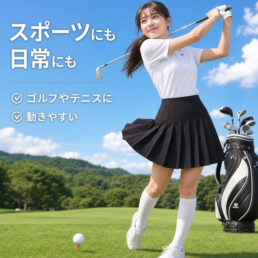 女性用 大きいサイズ プリーツゴルフウェア スカートパンツ ブラック