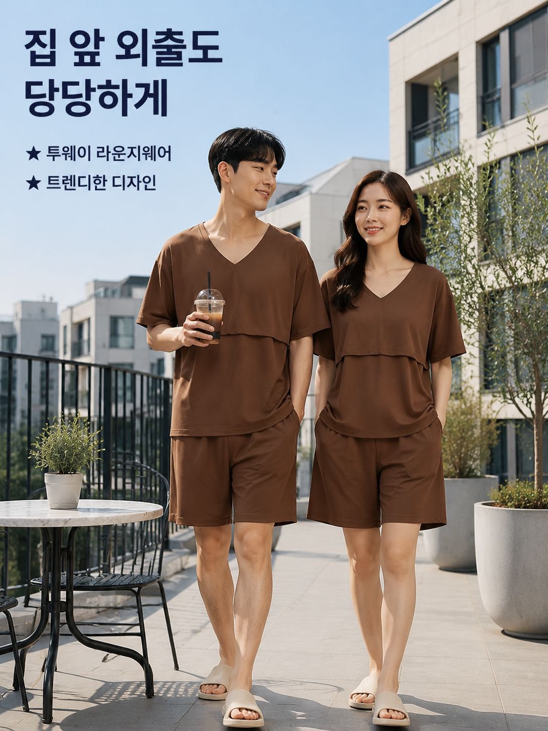 여성 브라 패드 내장 커플 파자마, 여름 반팔 루즈핏 외출 세트
