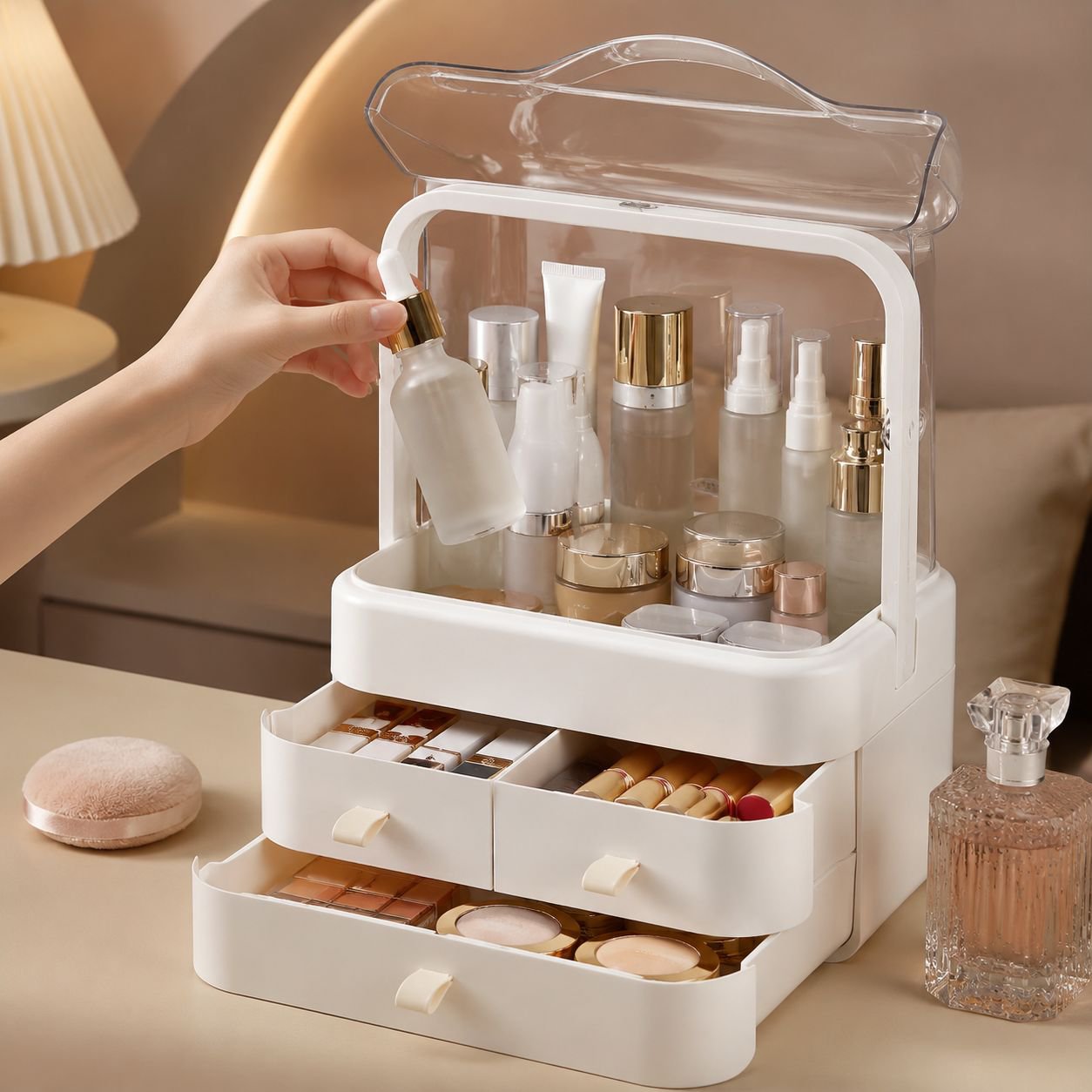 Home Large Capacity Dustproof Makeup Storage Box Desktop Lipstick Skincare Organizer