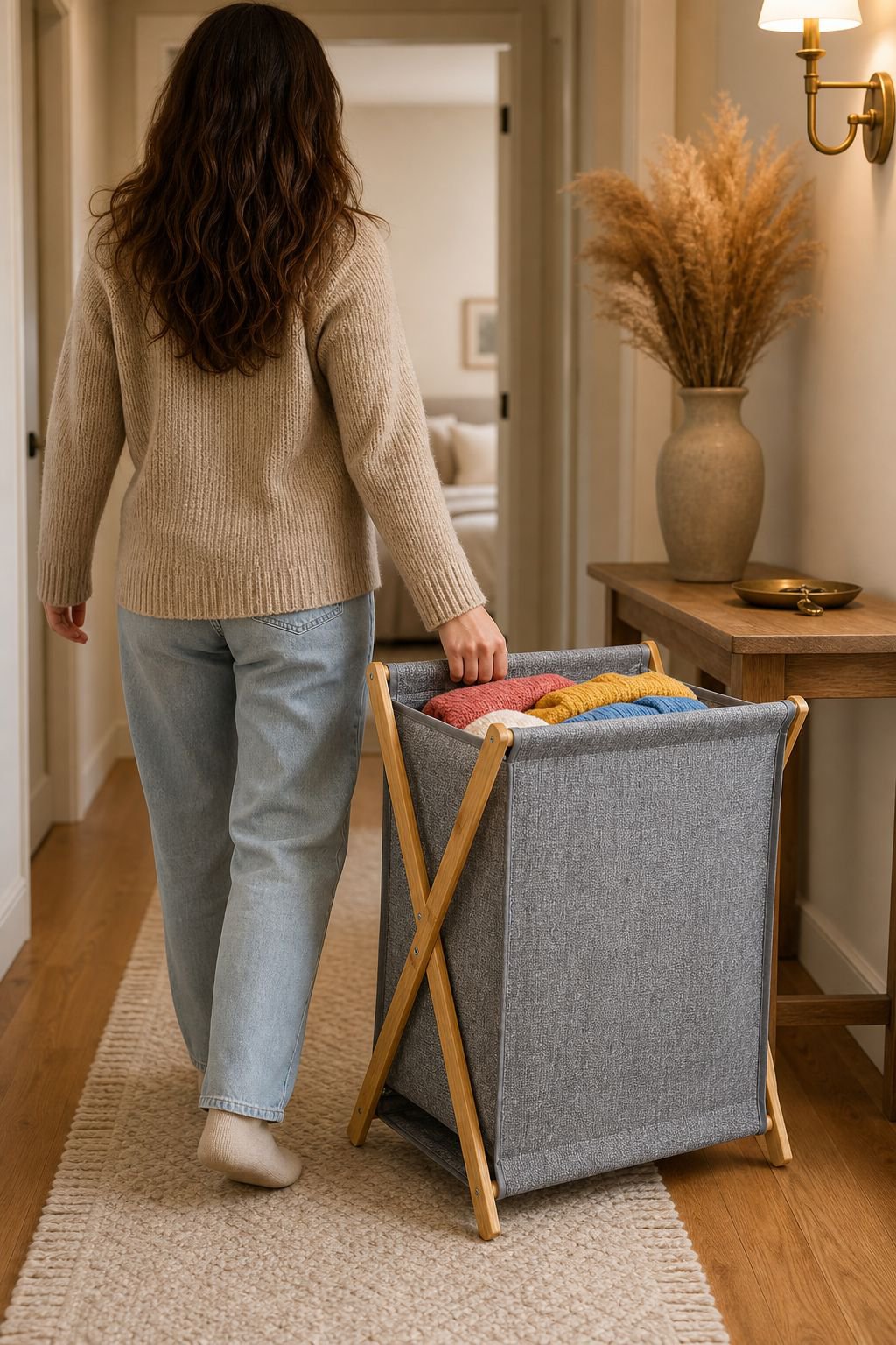 Eco-friendly PVC Bamboo Laundry Basket, Durable Foldable Home Storage Box