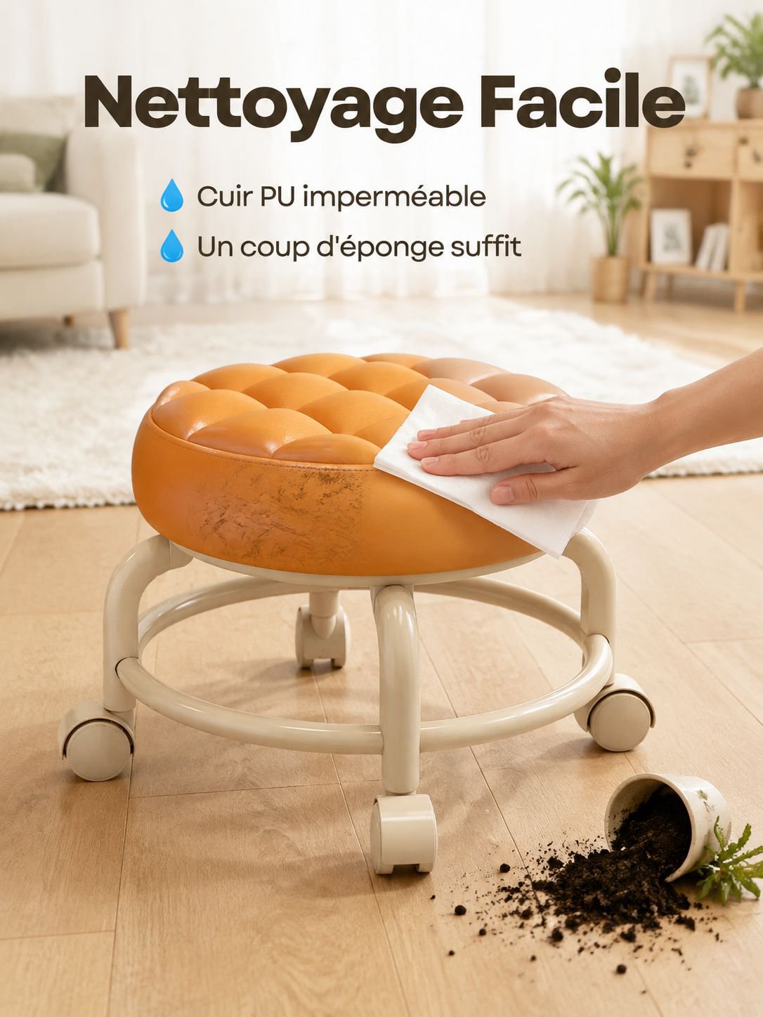Tabouret avec roulettes pivotantes vue de face