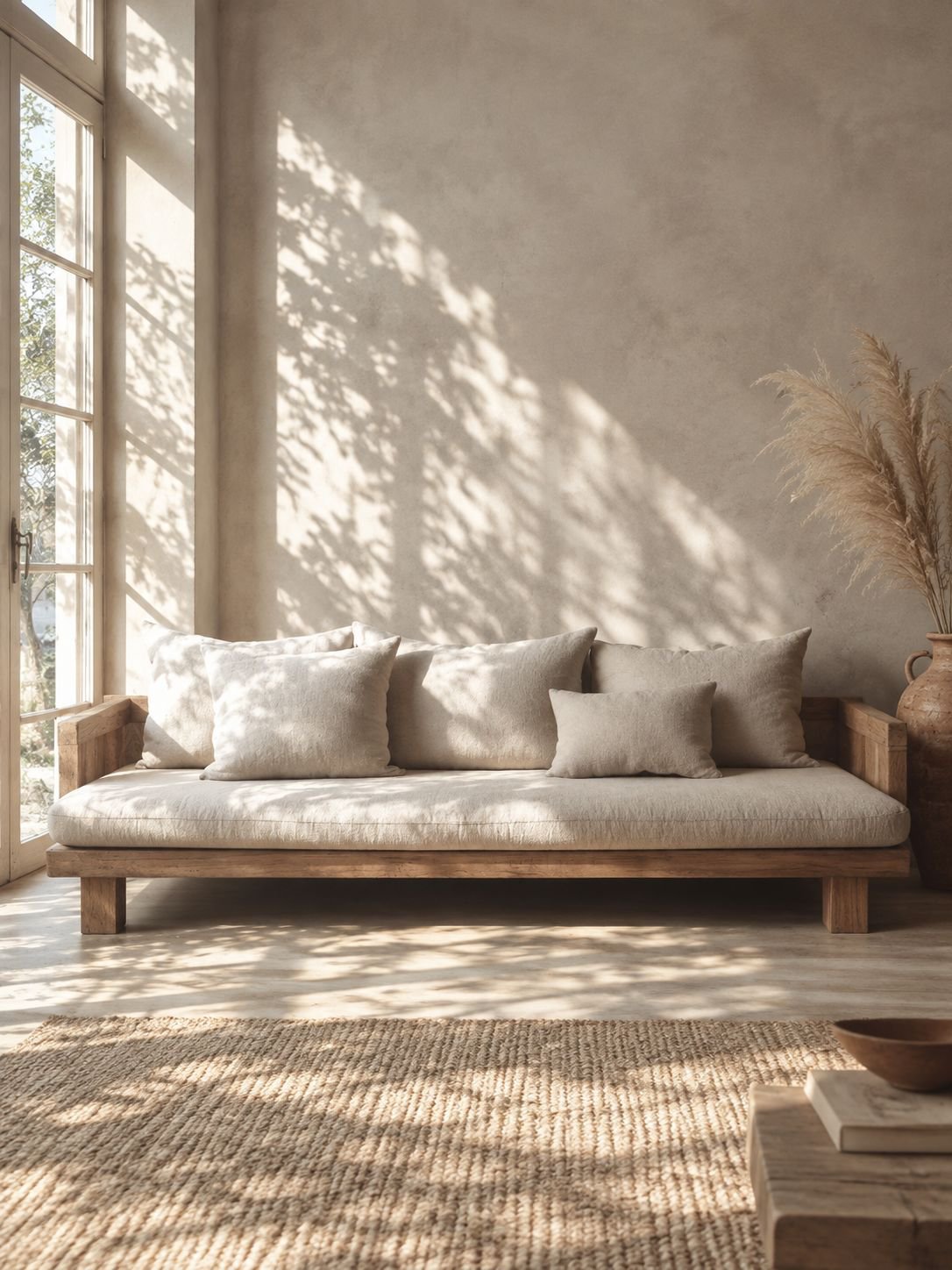 Minimalistisches Wabi-Sabi-Dreisitzer-Sofa aus Massivholz