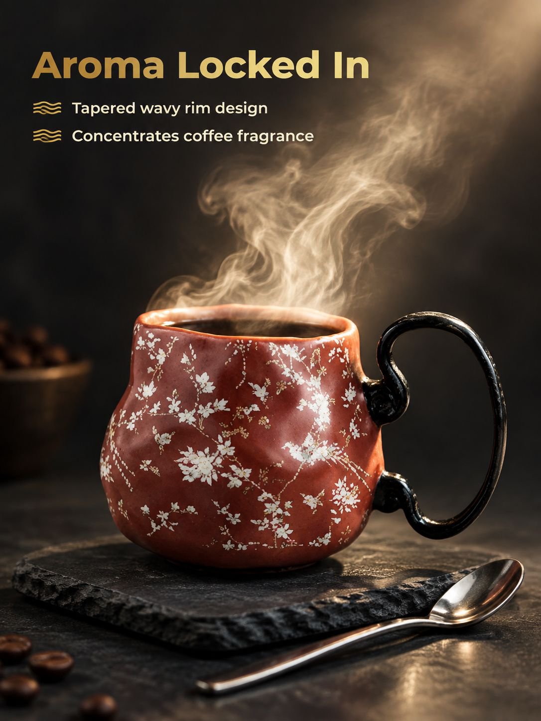 Hand holding the Vintage Handmade Ceramic Mug filled with coffee