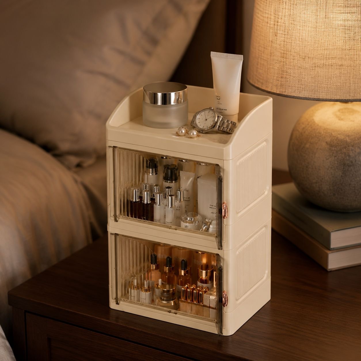 Neat and tidy vanity with organizer shelf