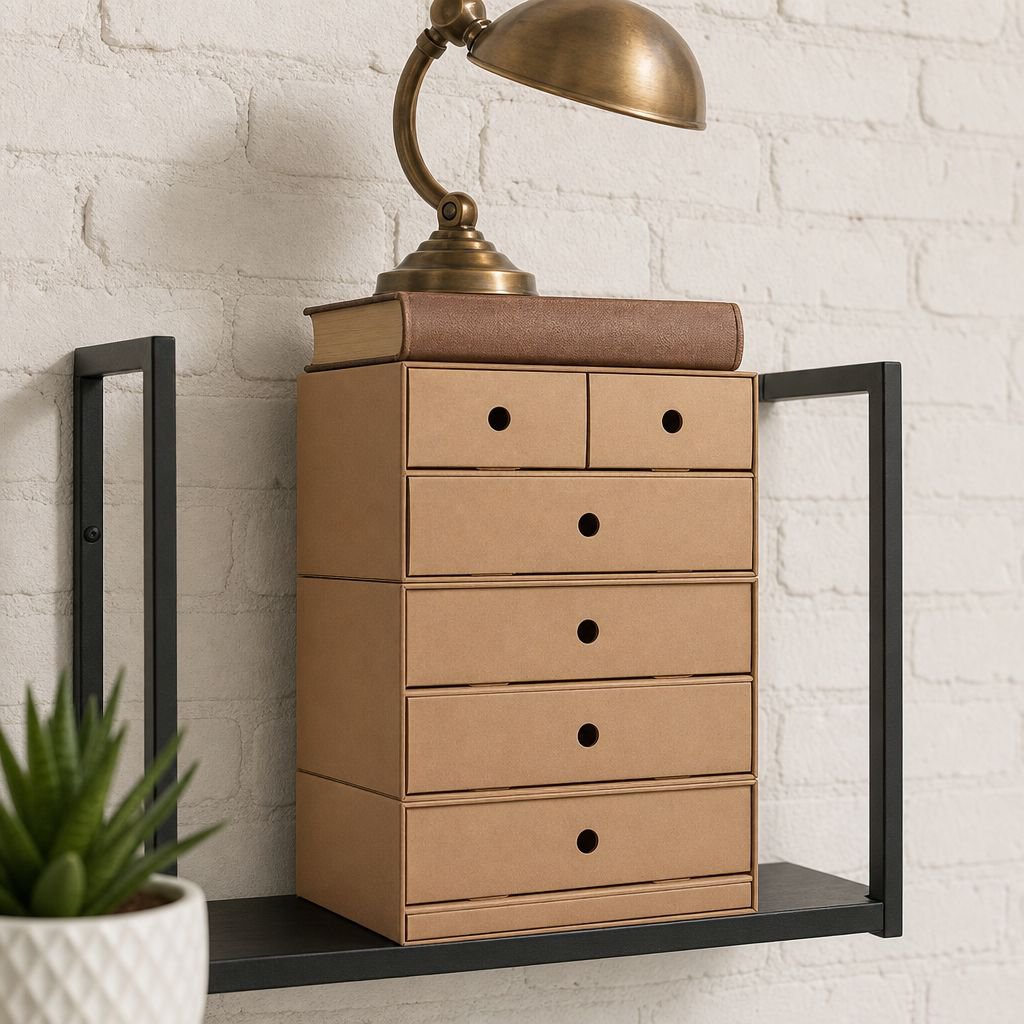 Top view of multifunctional desk organizer on office desk