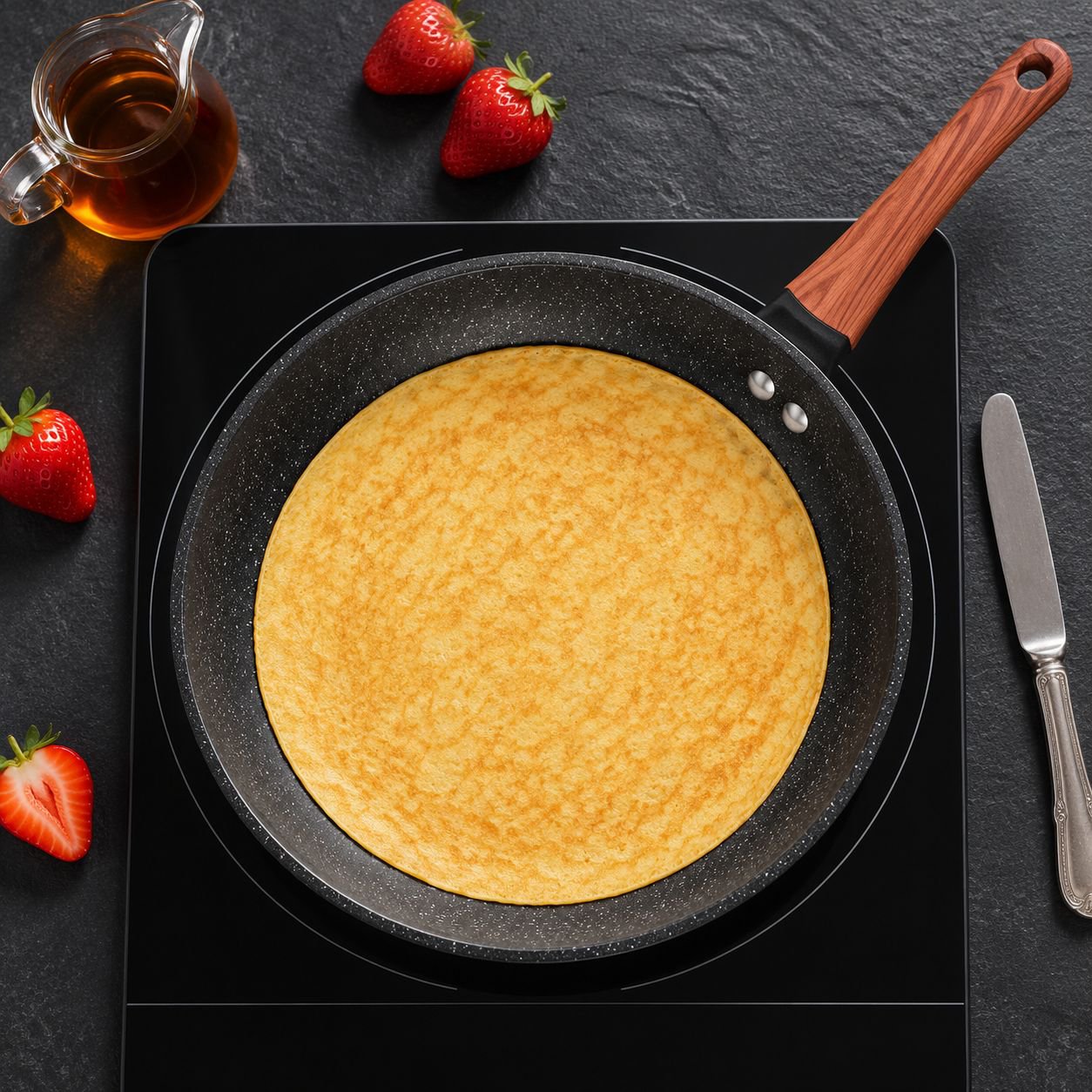 Ergonomic wooden handle skillet, smoke-free design